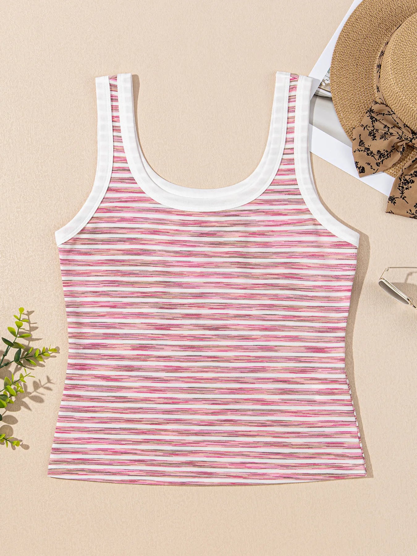 Striped scoop neck tank top, slightly stretchy.