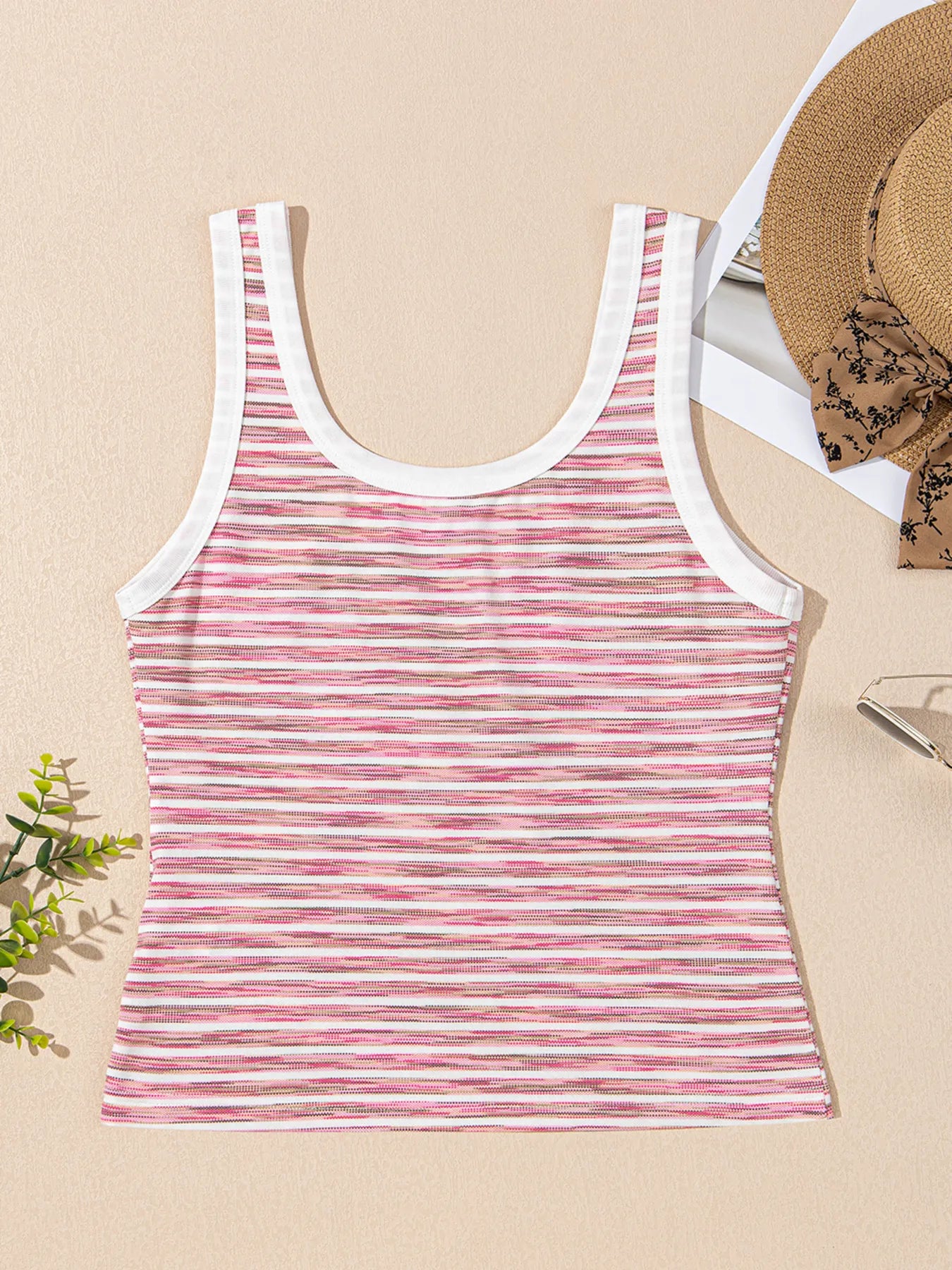 Striped scoop neck tank top, slightly stretchy.