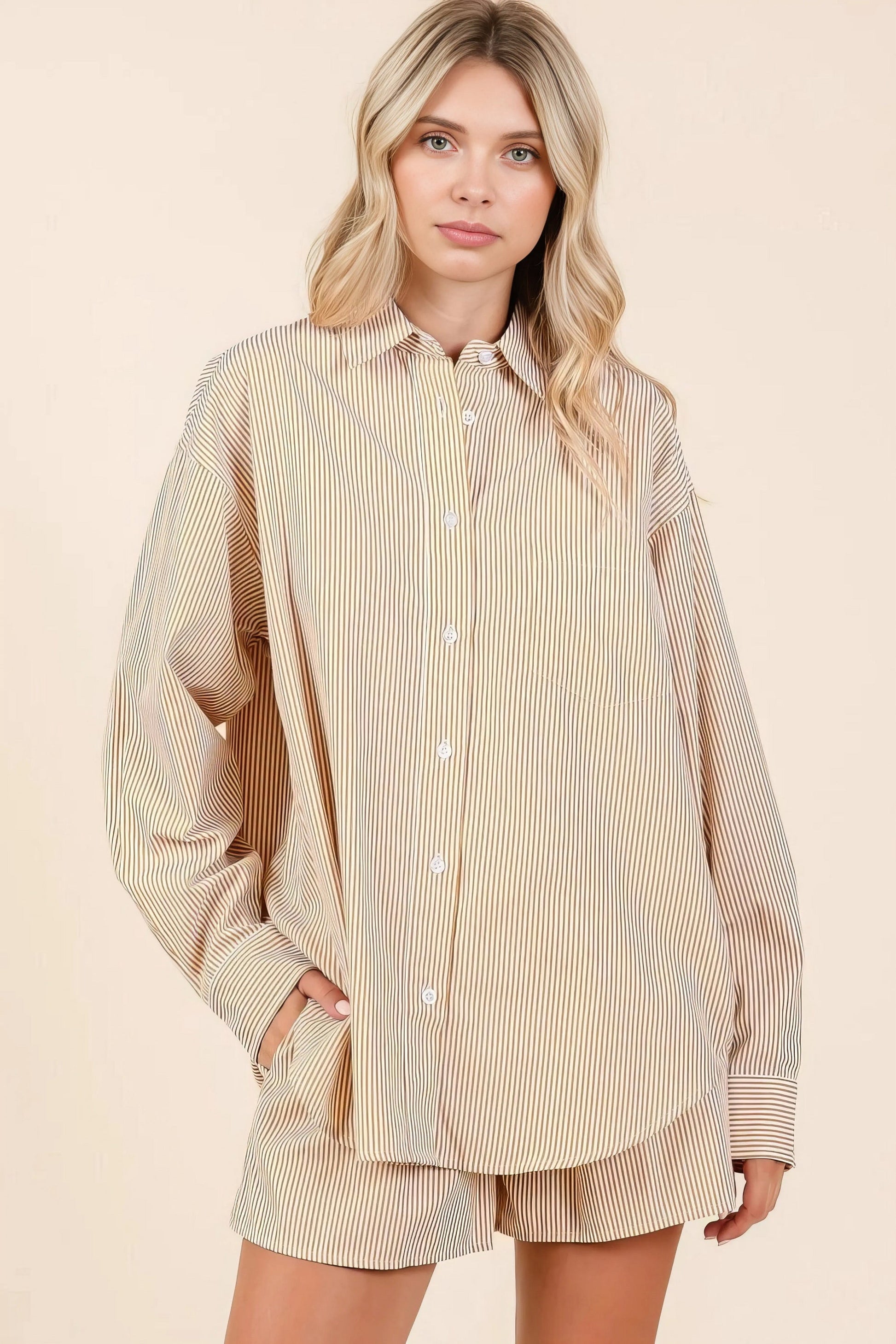striped shirt and shorts set coordinated chic, stylish women's two-piece outfit, versatile summer fashion, comfortable striped set, perfect for a put-together casual look