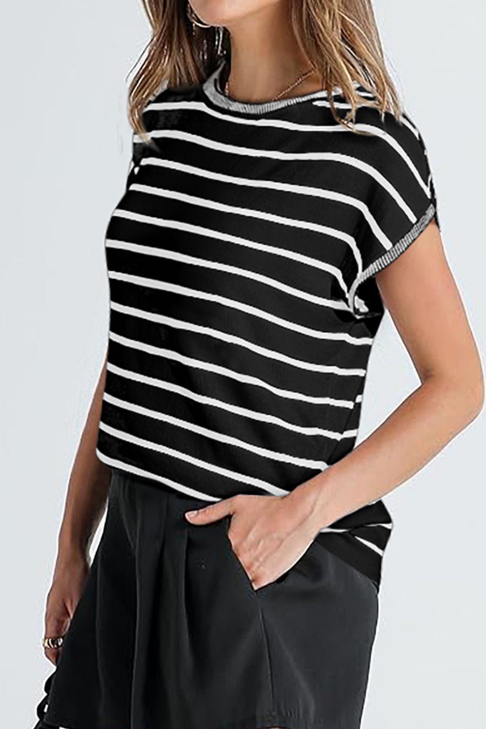 Striped Short Sleeve Knit Top.