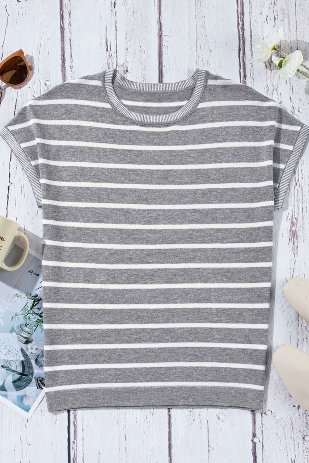 Striped Short Sleeve Knit Top.