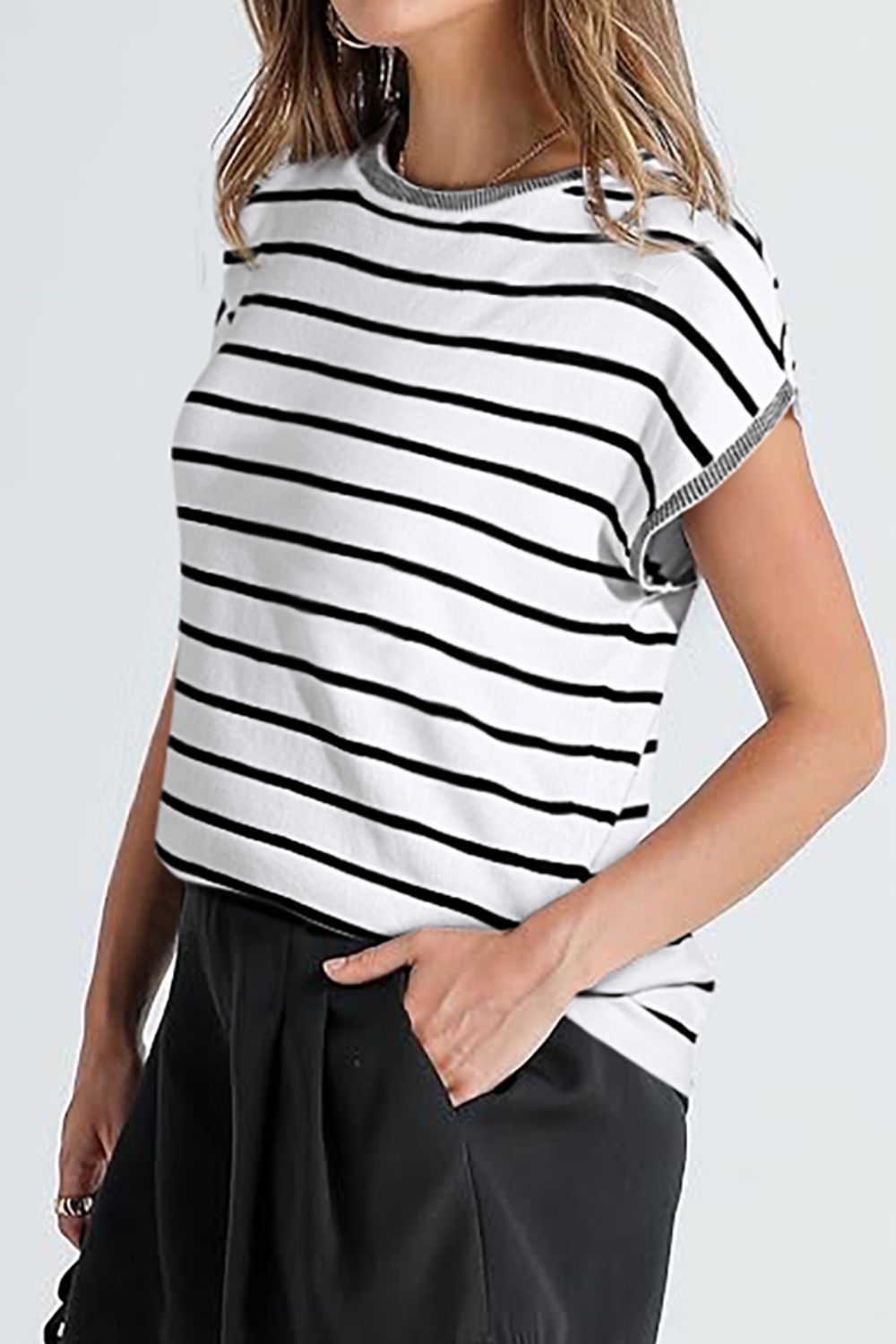 Striped Short Sleeve Knit Top.