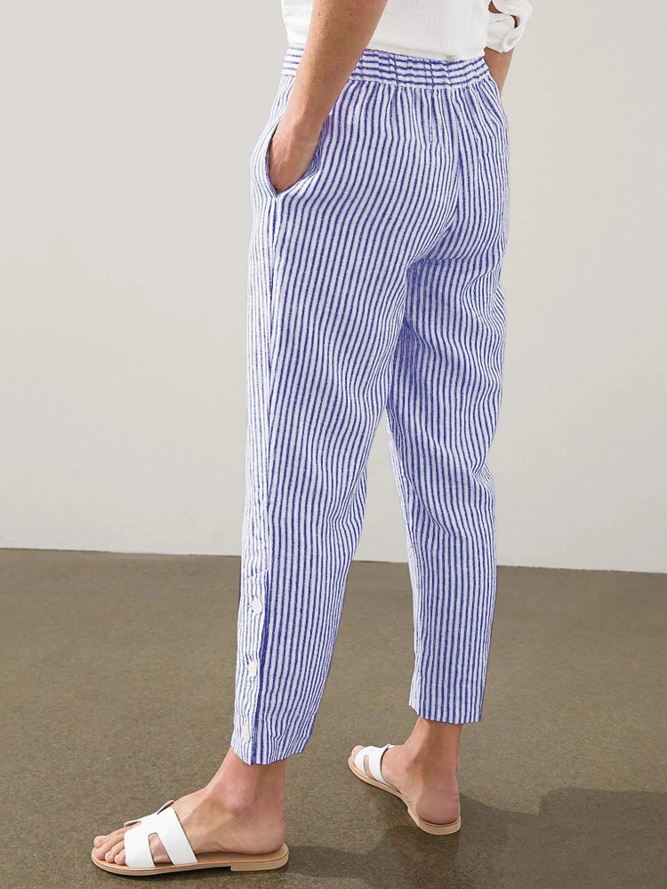 Striped side button detail pants plus size with pockets.
