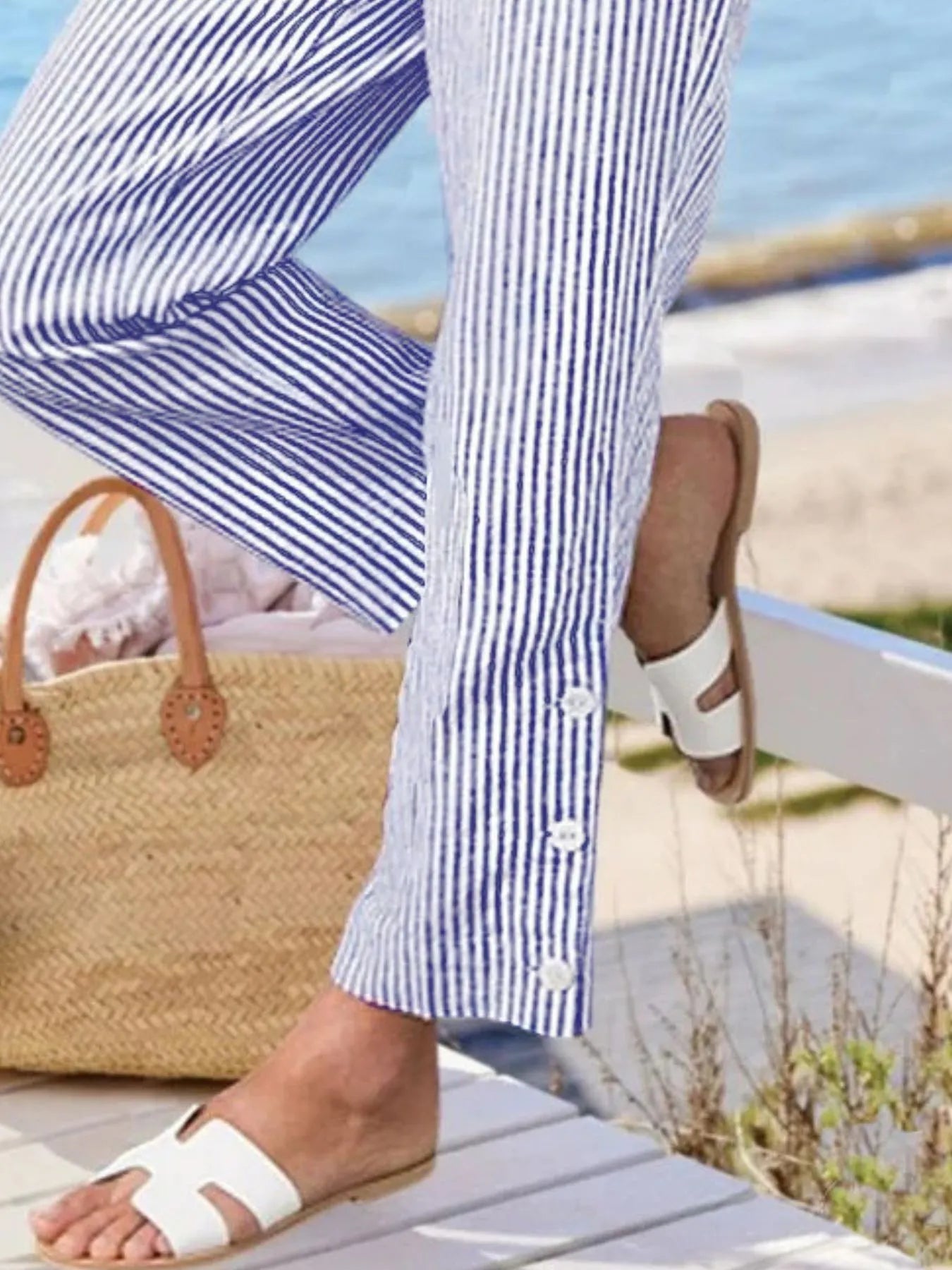 Striped side button detail pants plus size with pockets.