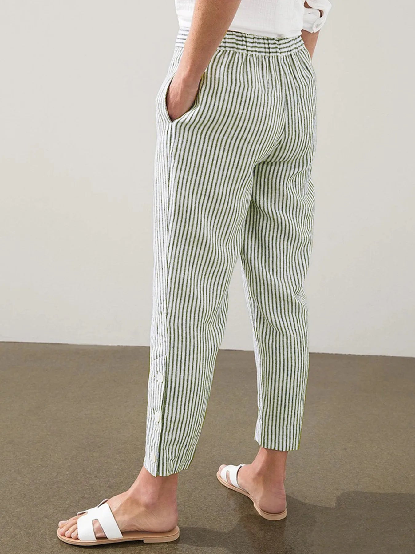 Striped side button detail pants plus size with pockets.