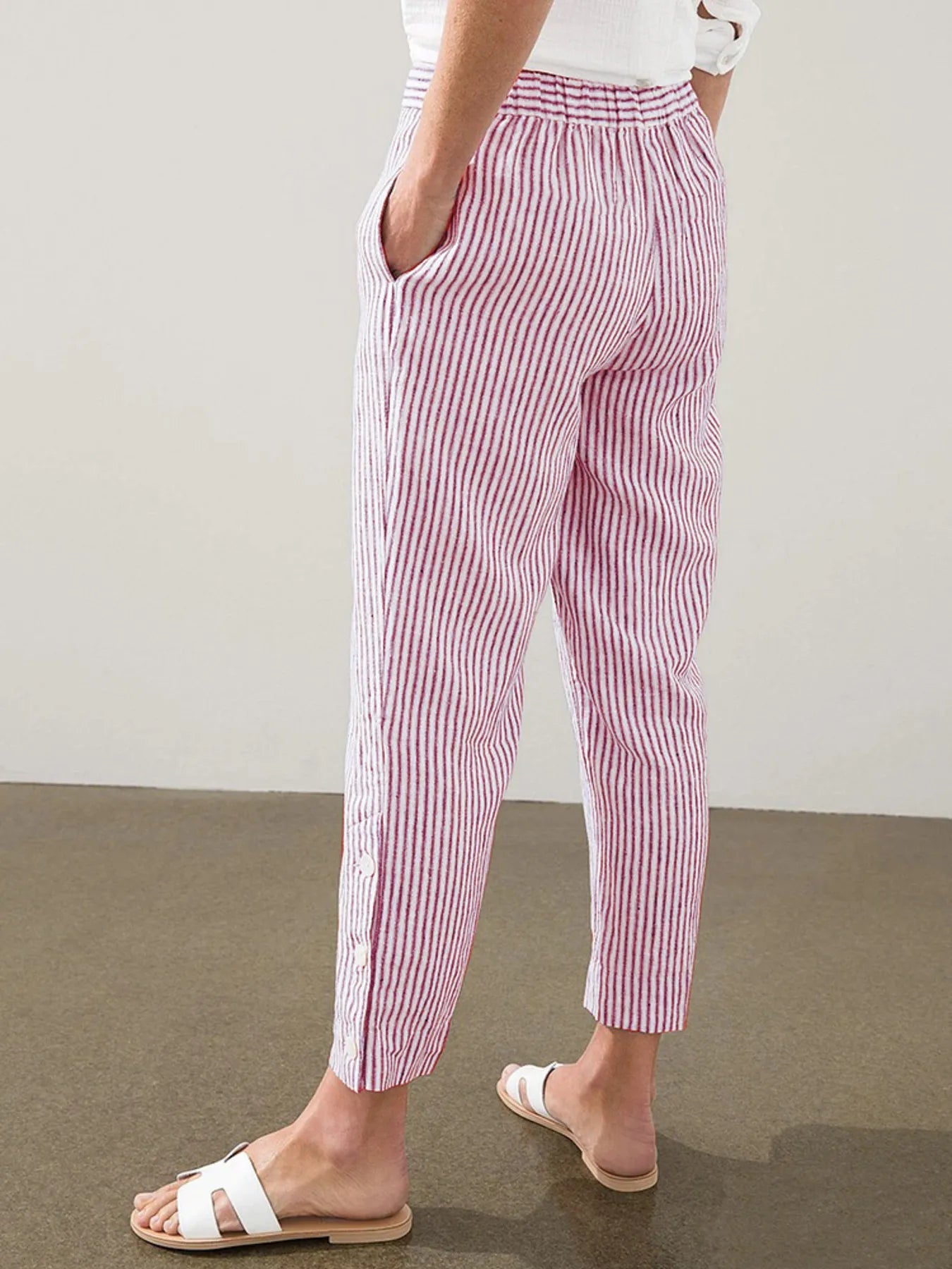 Striped side button detail pants plus size with pockets.