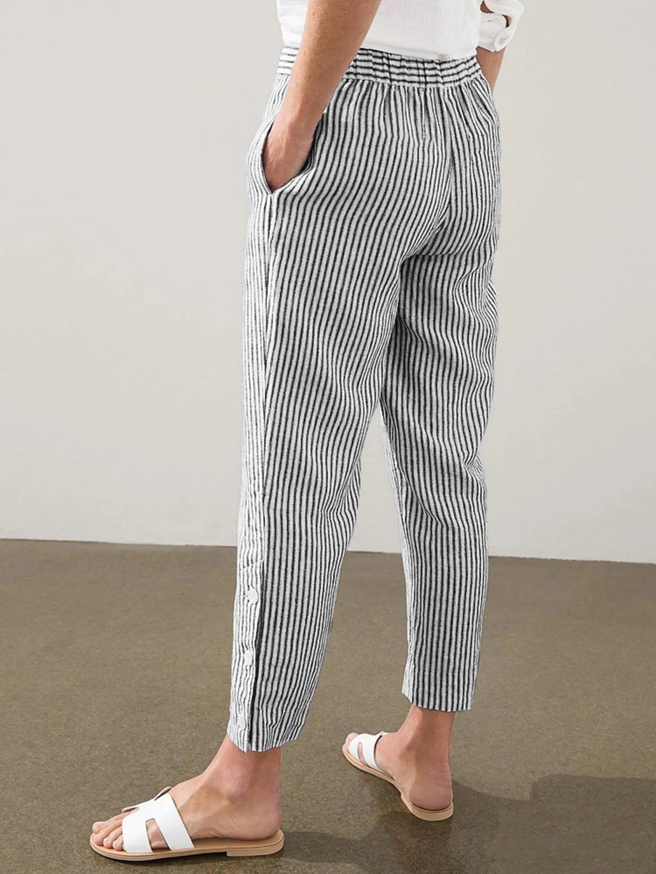 Striped side button detail pants plus size with pockets.