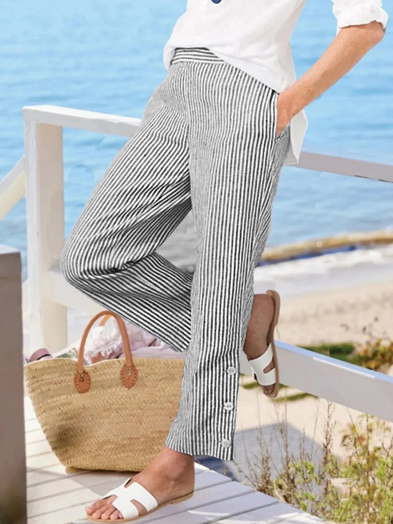 Striped side button detail pants plus size with pockets.