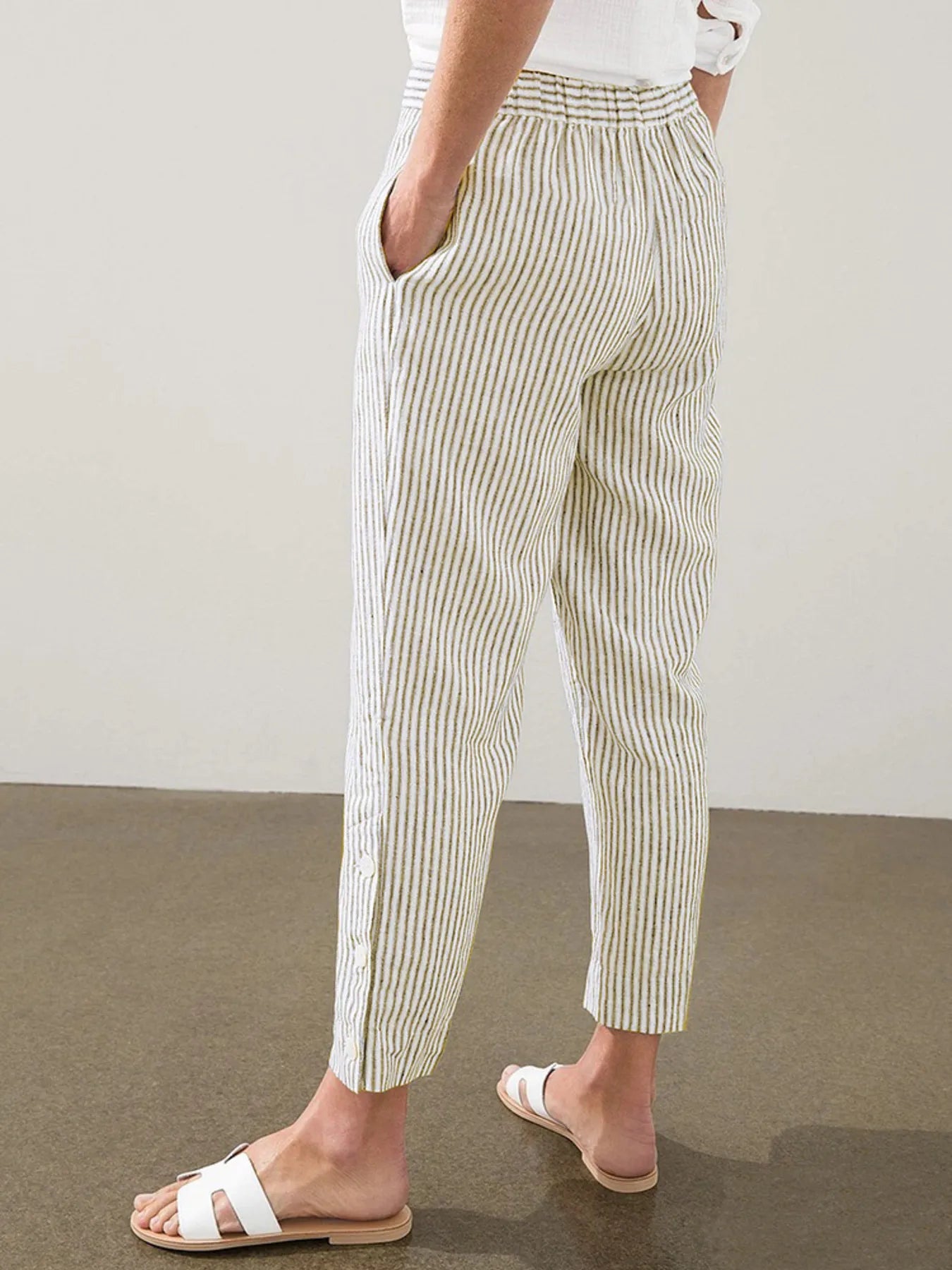 Striped side button detail pants plus size with pockets.