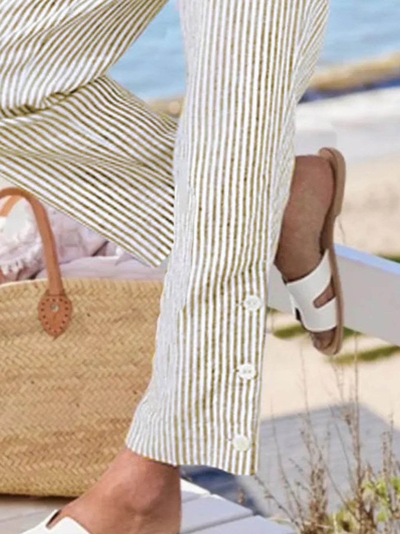 Striped side button detail pants plus size with pockets.