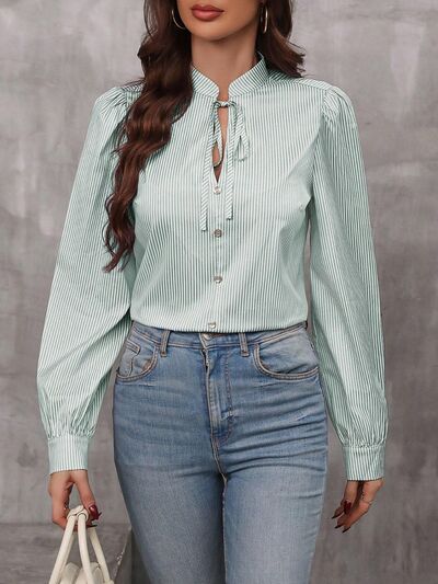 Striped Tie Neck Long Sleeve Shirt.