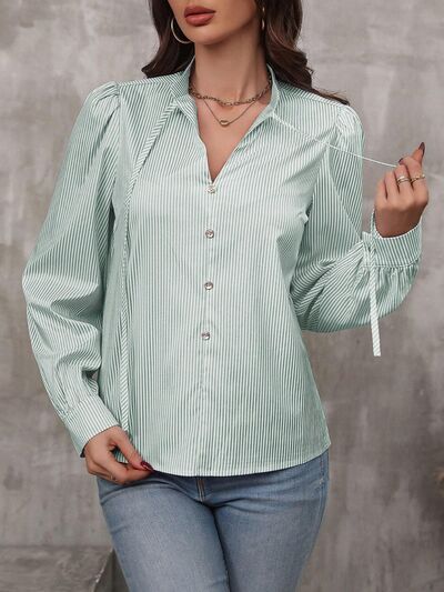 Striped Tie Neck Long Sleeve Shirt.