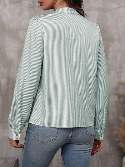 Striped Tie Neck Long Sleeve Shirt.