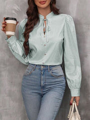 Striped Tie Neck Long Sleeve Shirt.