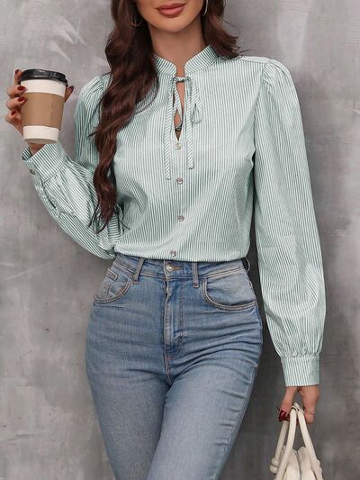 Striped Tie Neck Long Sleeve Shirt.