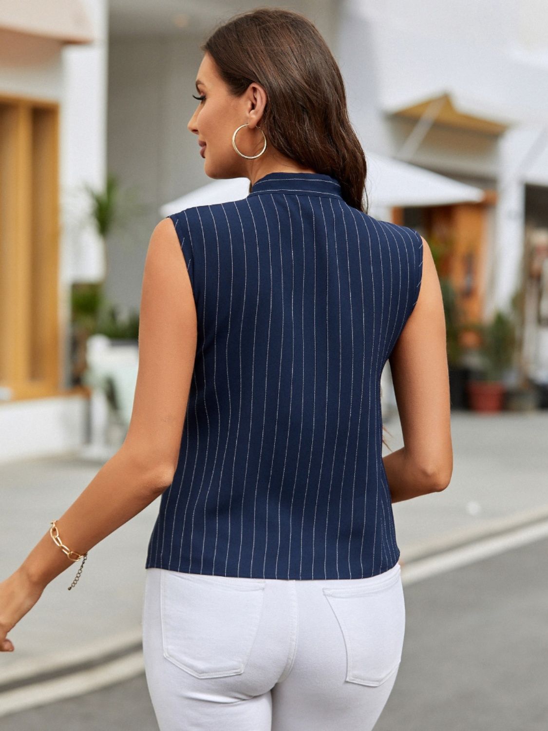 Striped tie neck tank, opaque.
