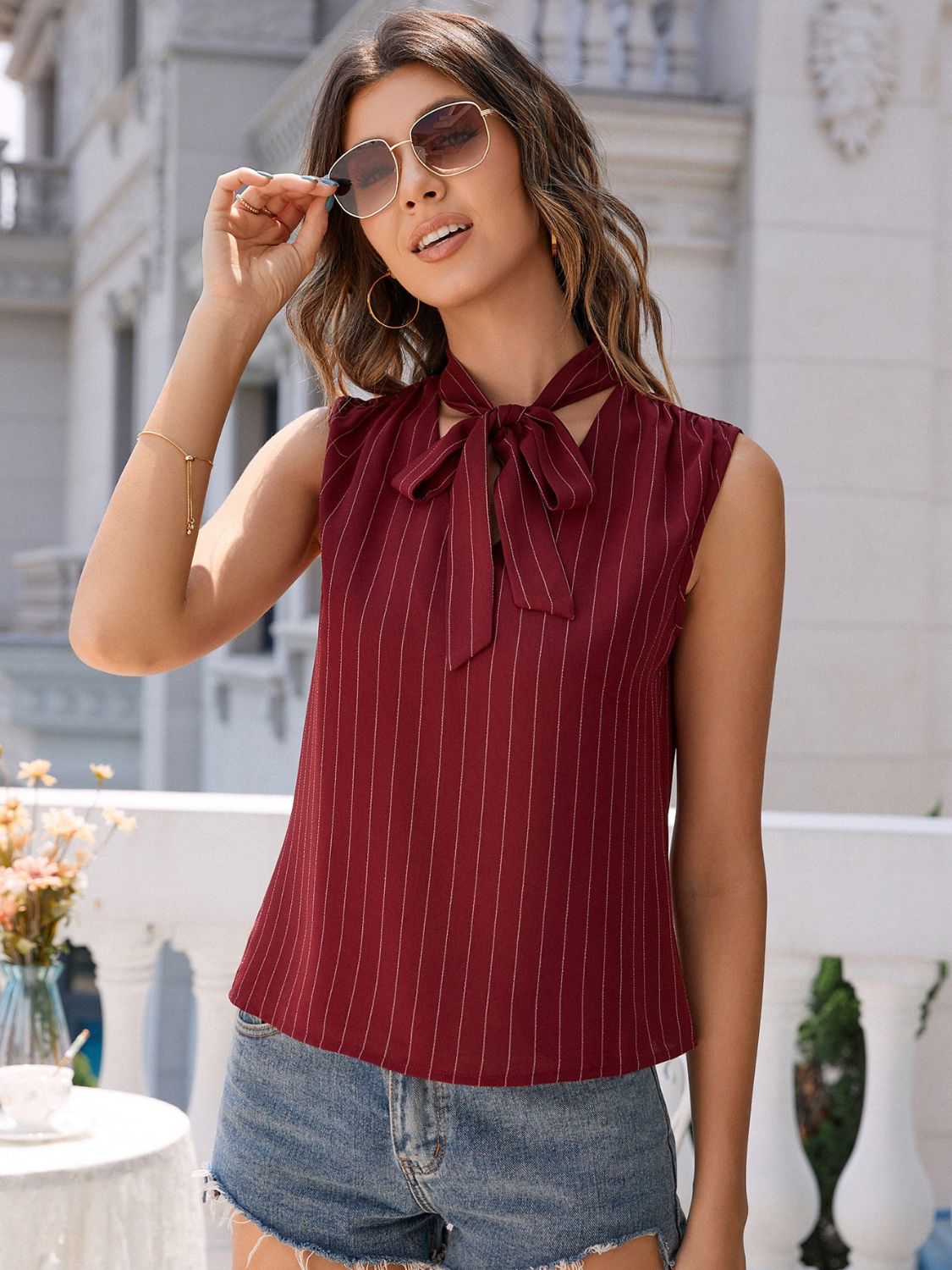 Striped tie neck tank, opaque.