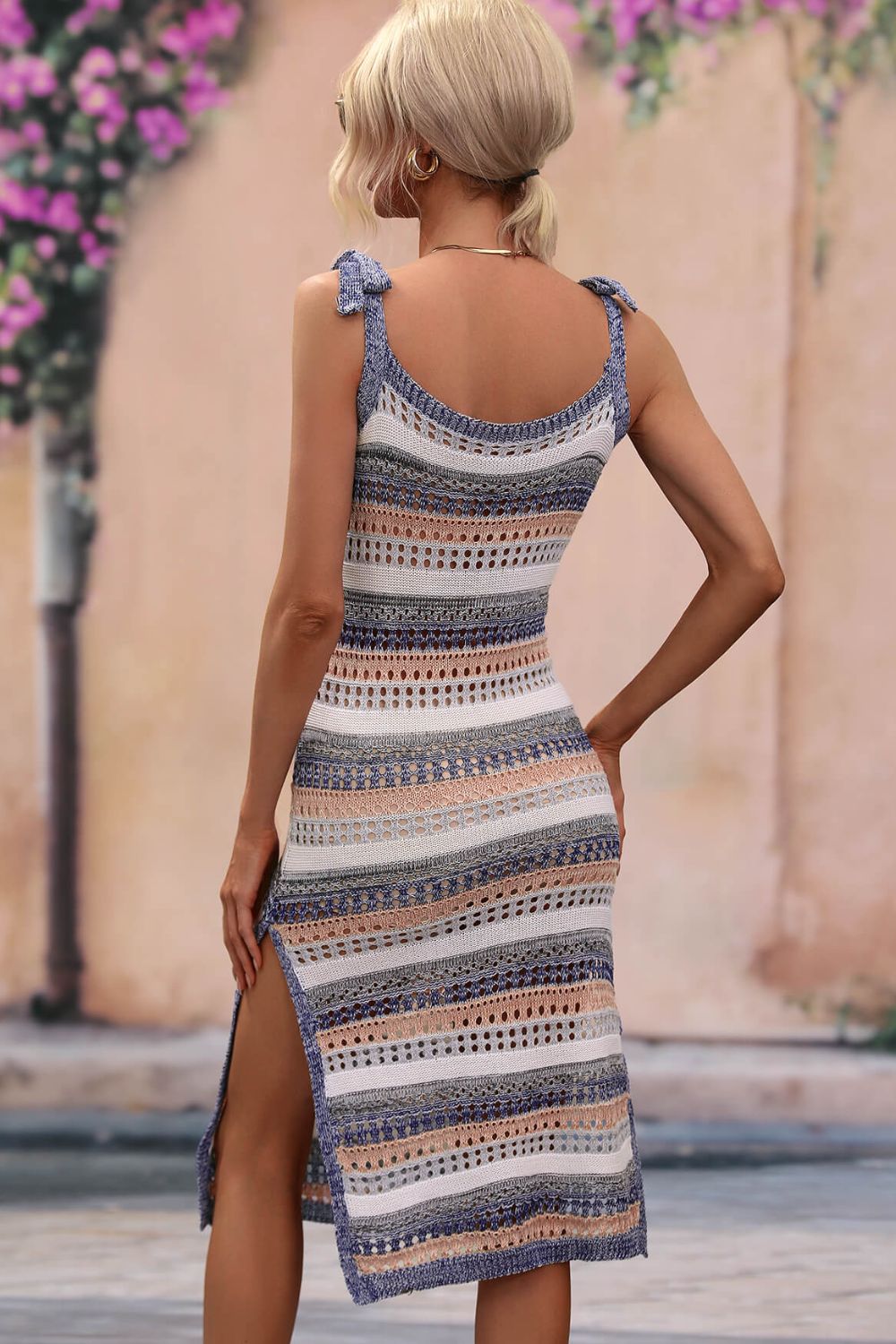 Striped Tie Shoulder Split Cover Up Dress.