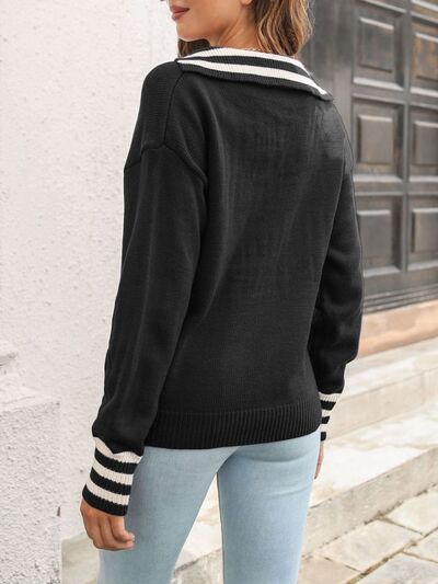 Striped Trim Drop Shoulder Sweater.