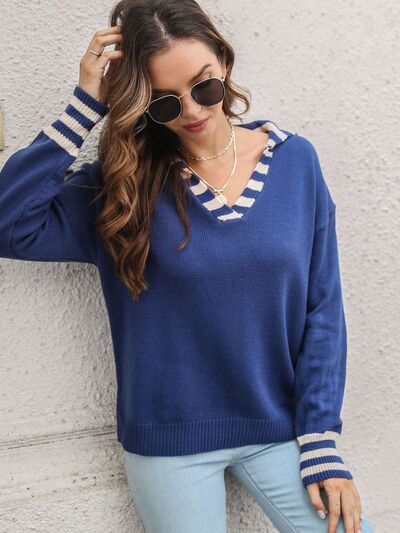 Striped Trim Drop Shoulder Sweater.