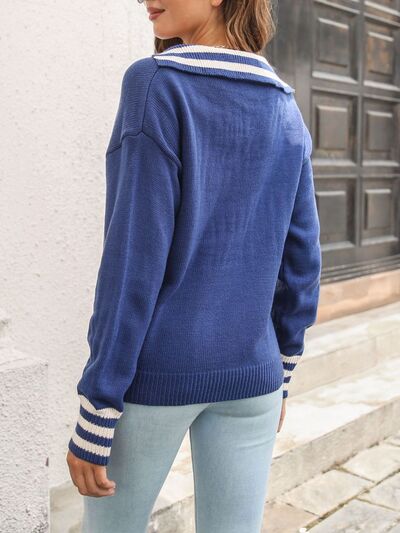 Striped Trim Drop Shoulder Sweater.