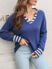 Striped Trim Drop Shoulder Sweater.