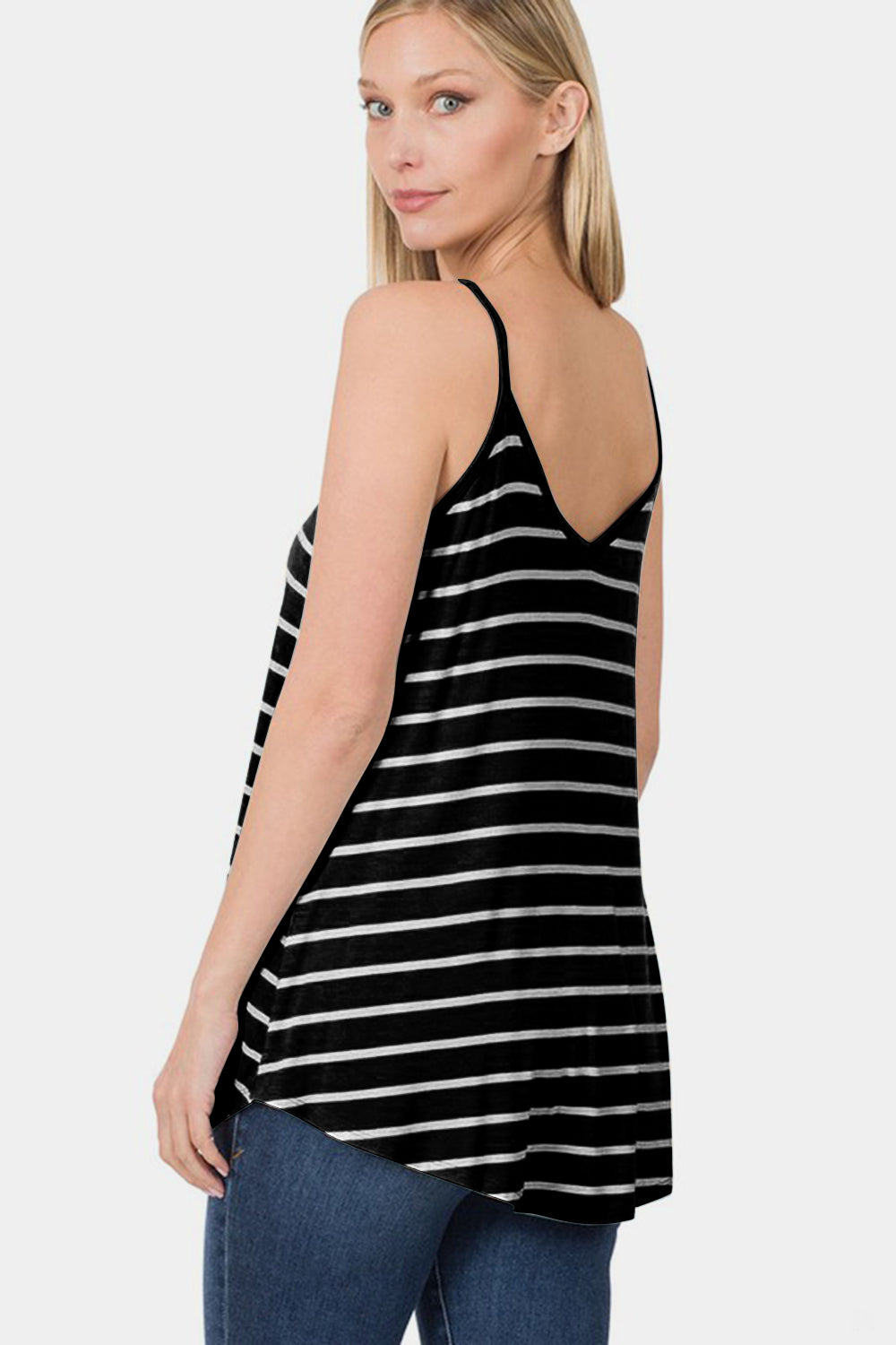 Striped V-neck curved hem cami, opaque and slightly stretchy.
