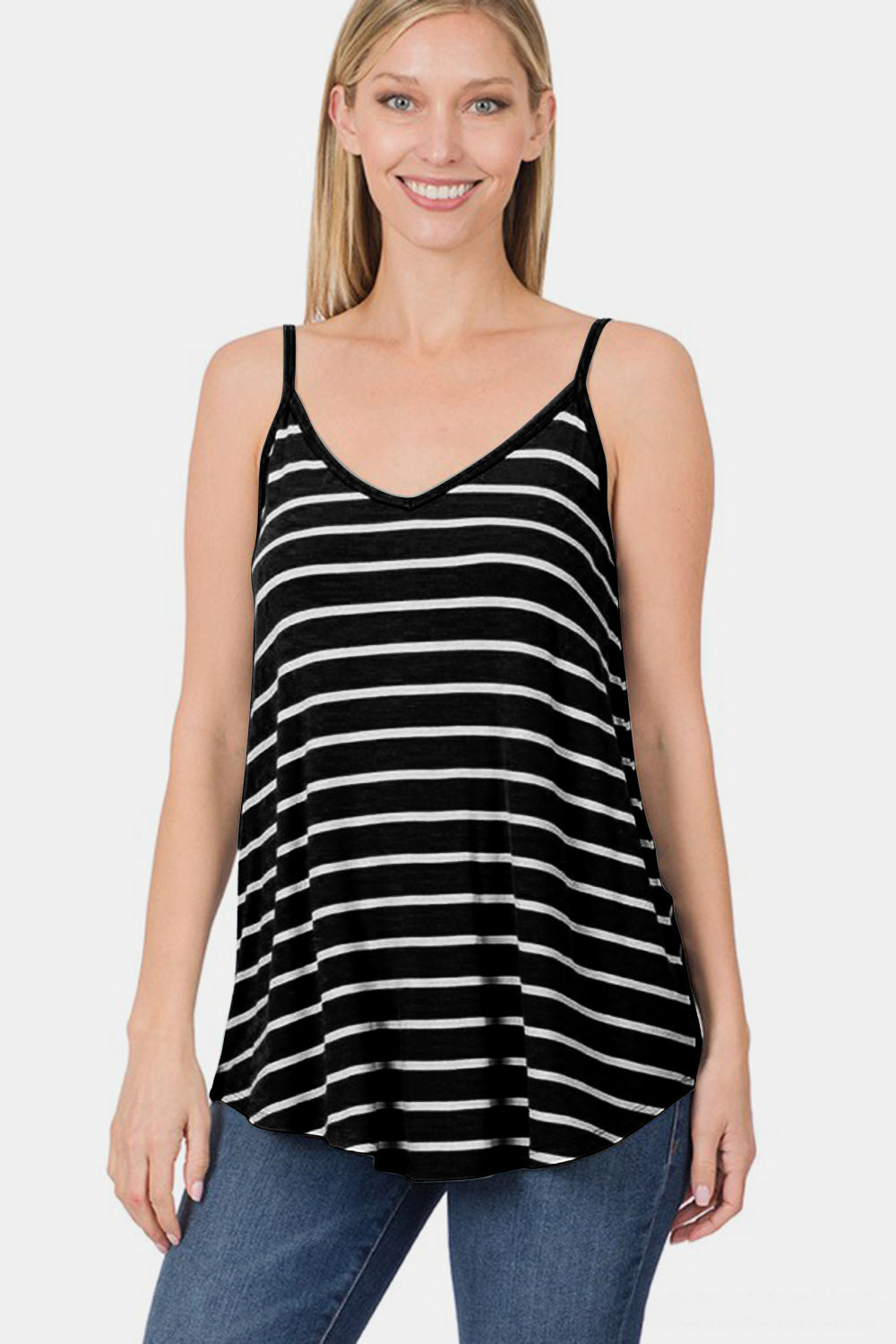 Striped V-neck curved hem cami, opaque and slightly stretchy.