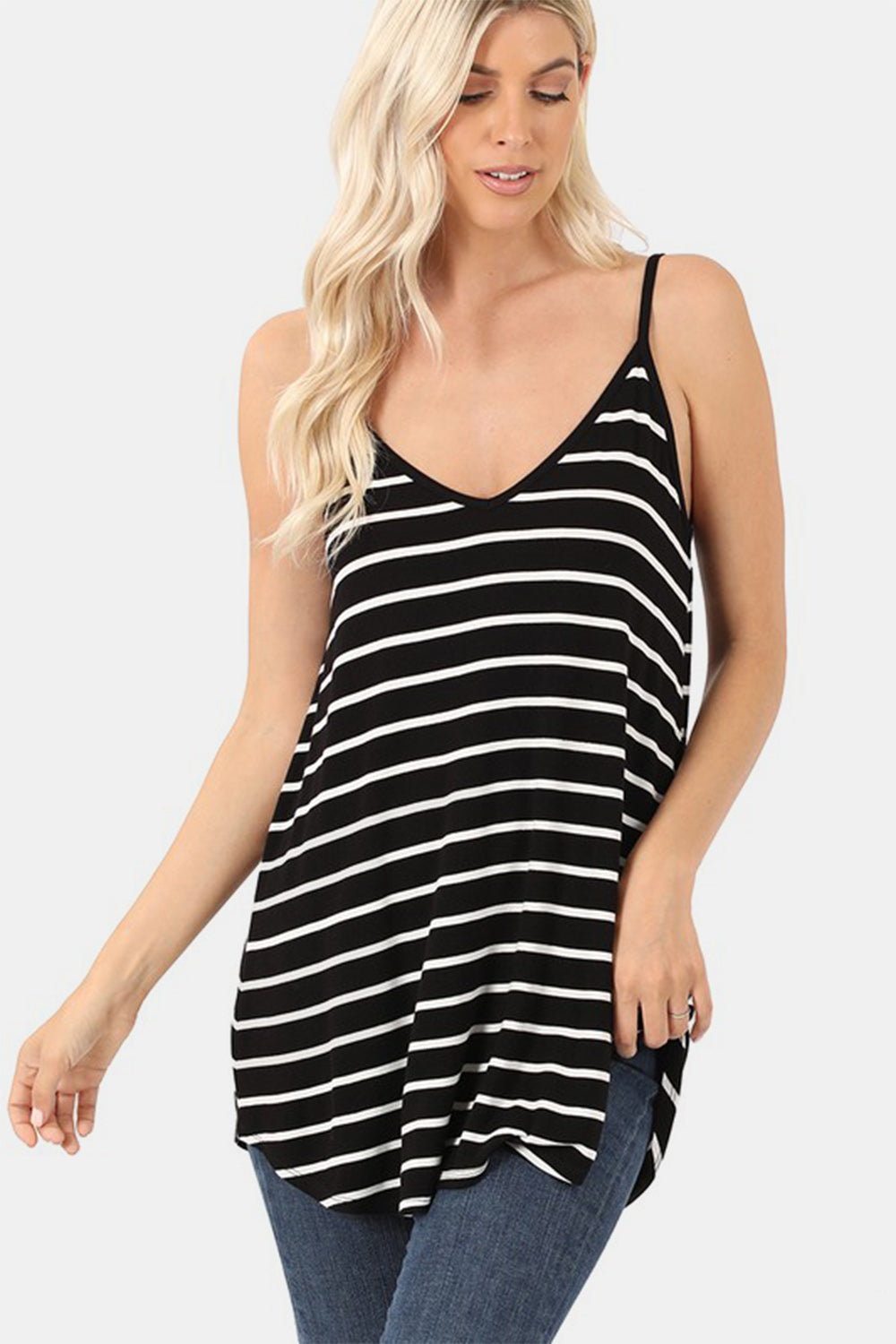 Striped V-neck curved hem cami, opaque and slightly stretchy.