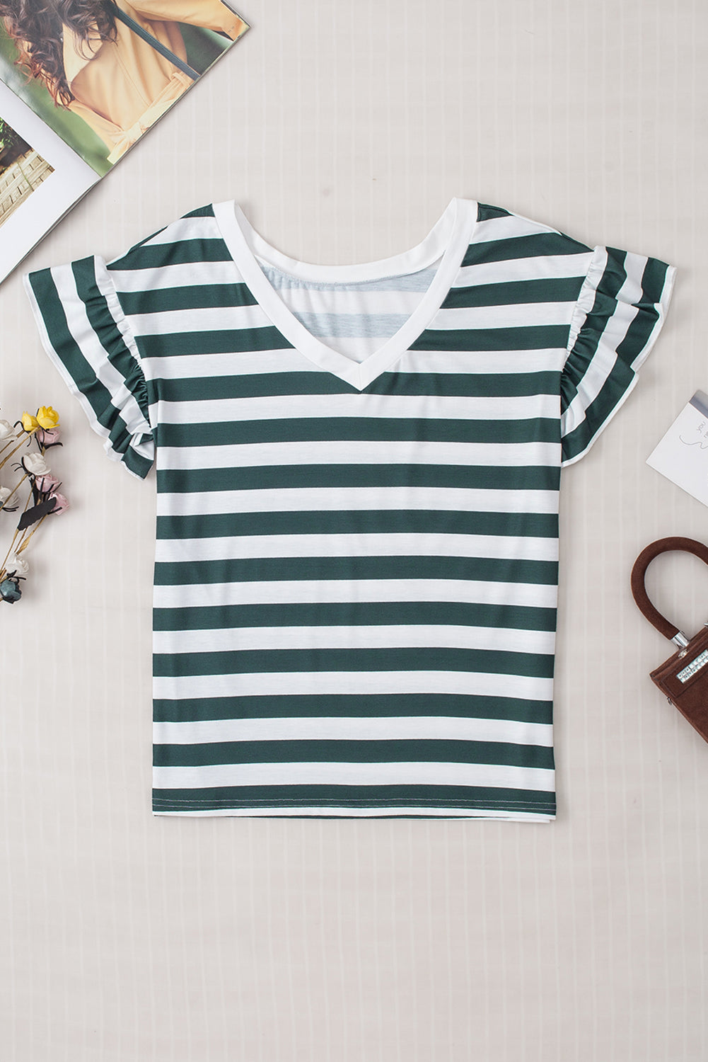 Striped V-Neck Flounce Sleeve Top.