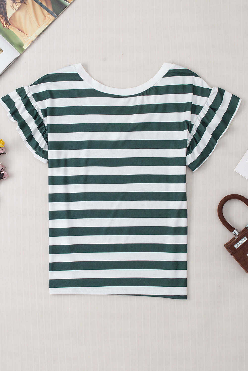 Striped V-Neck Flounce Sleeve Top.