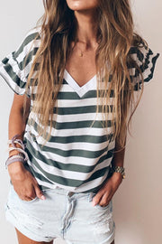 Striped V-Neck Flounce Sleeve Top.