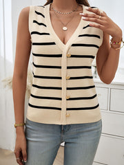 Striped V-neck knit tank with buttons, opaque and moderately stretchy.