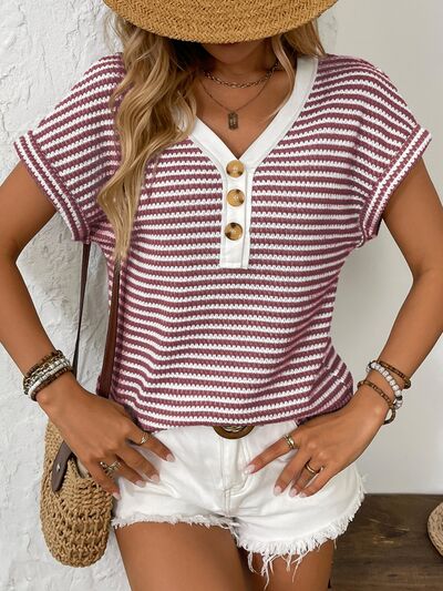Striped V-Neck Short Sleeve T-Shirt.