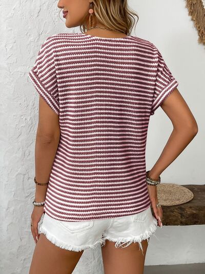 Striped V-Neck Short Sleeve T-Shirt.
