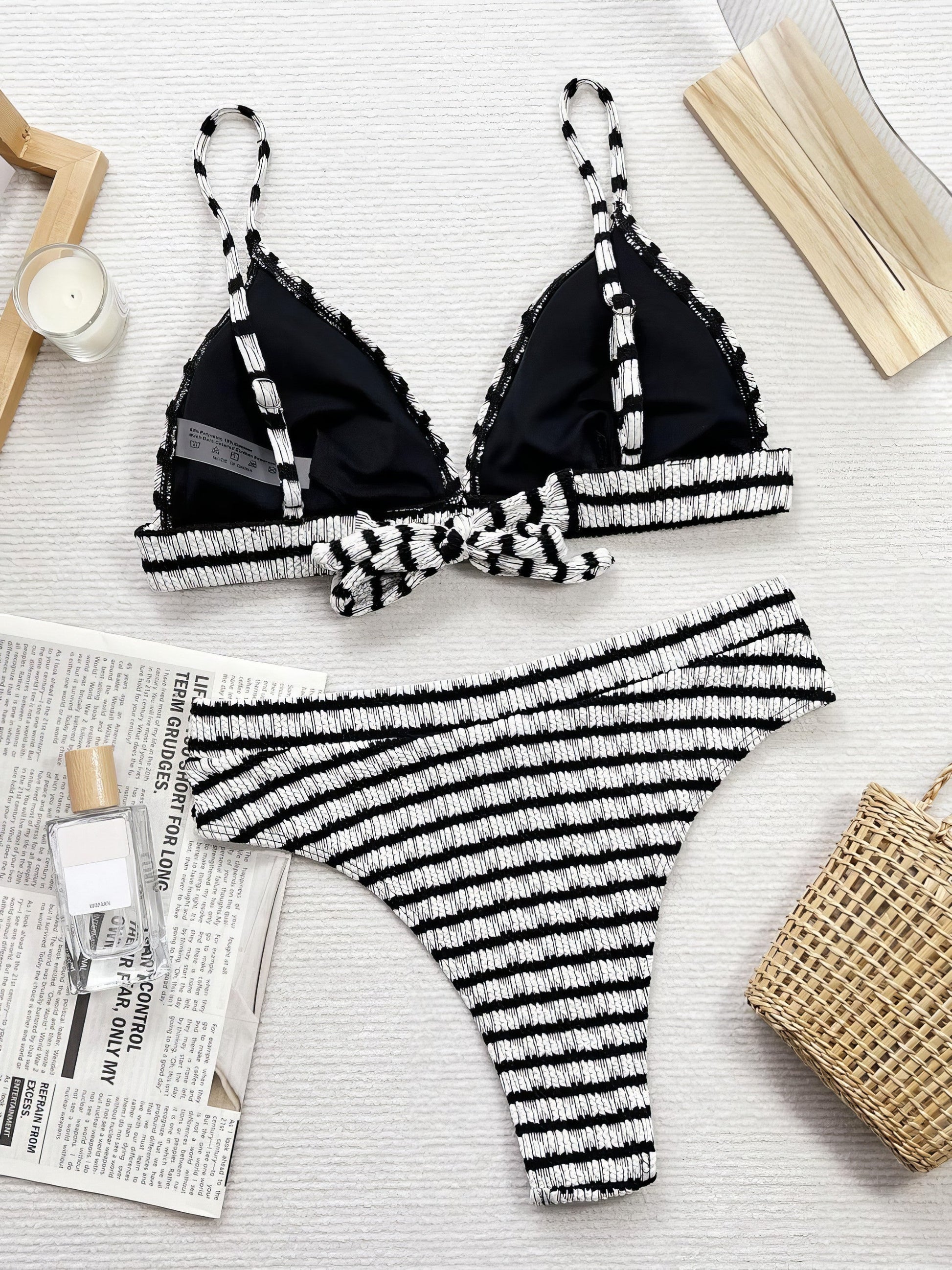 Striped textured V-neck two-piece swim set with non-removable padding.