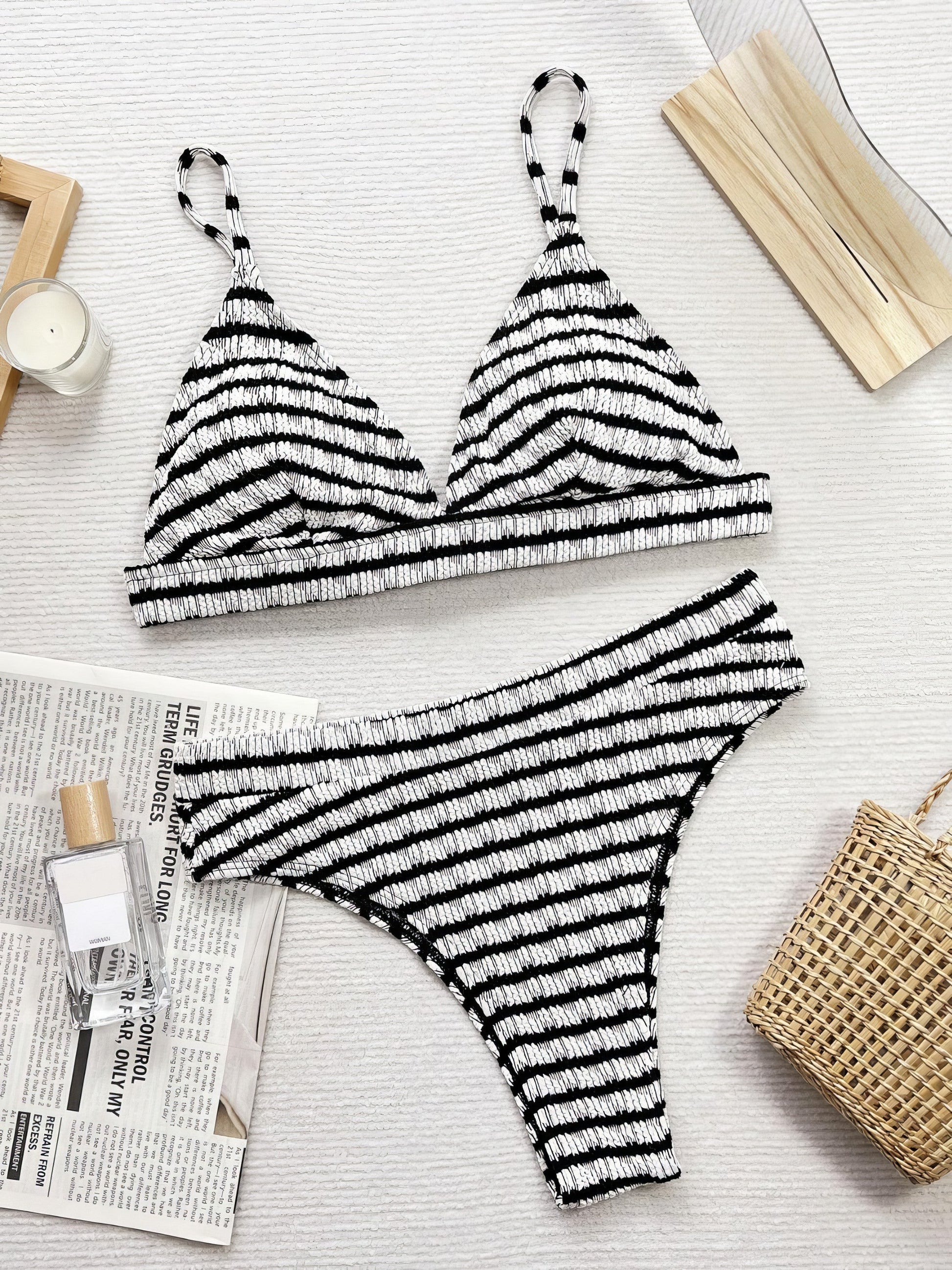 Striped textured V-neck two-piece swim set with non-removable padding.
