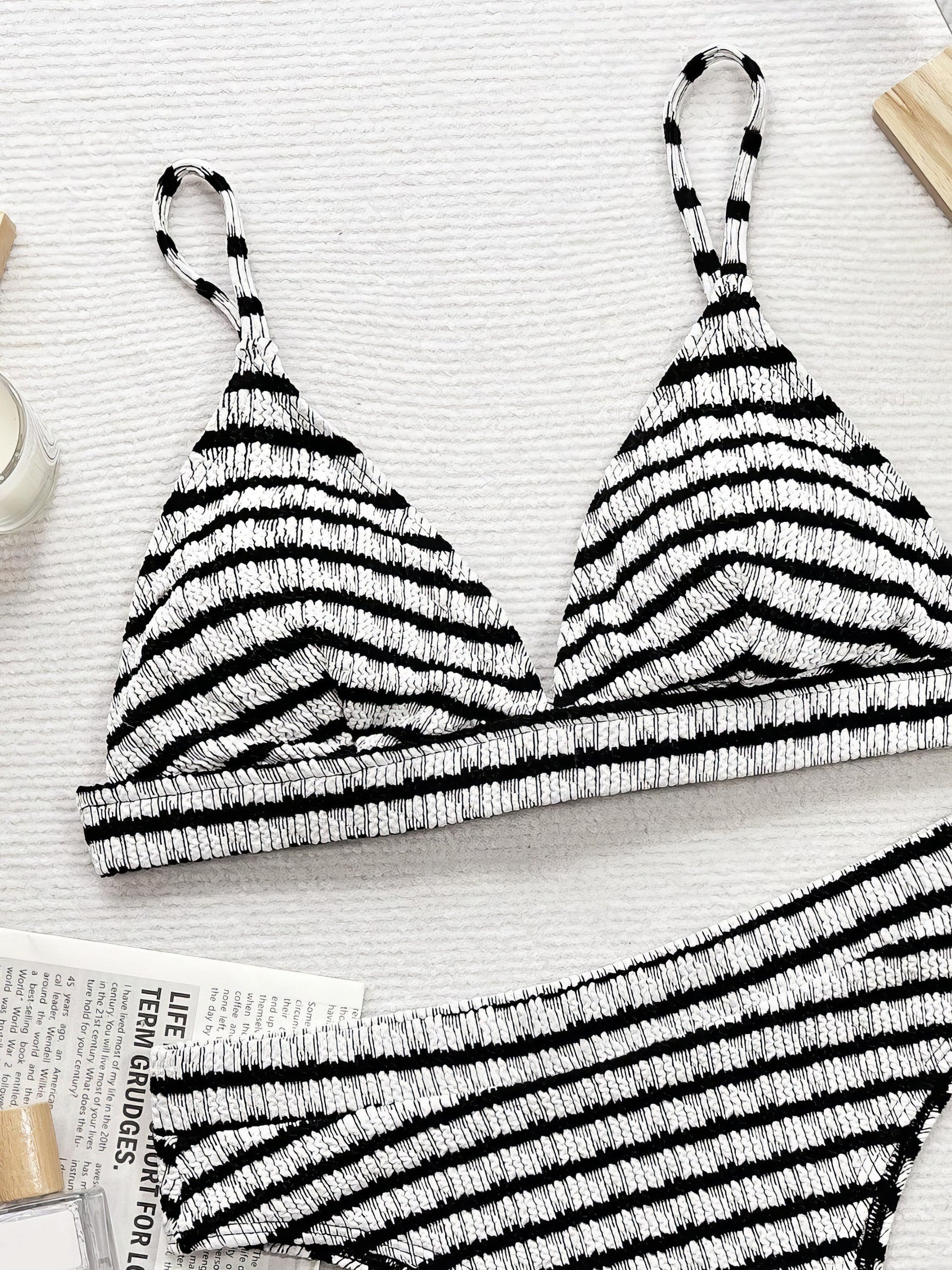 Striped textured V-neck two-piece swim set with non-removable padding.