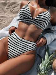 Striped textured V-neck two-piece swim set with non-removable padding.