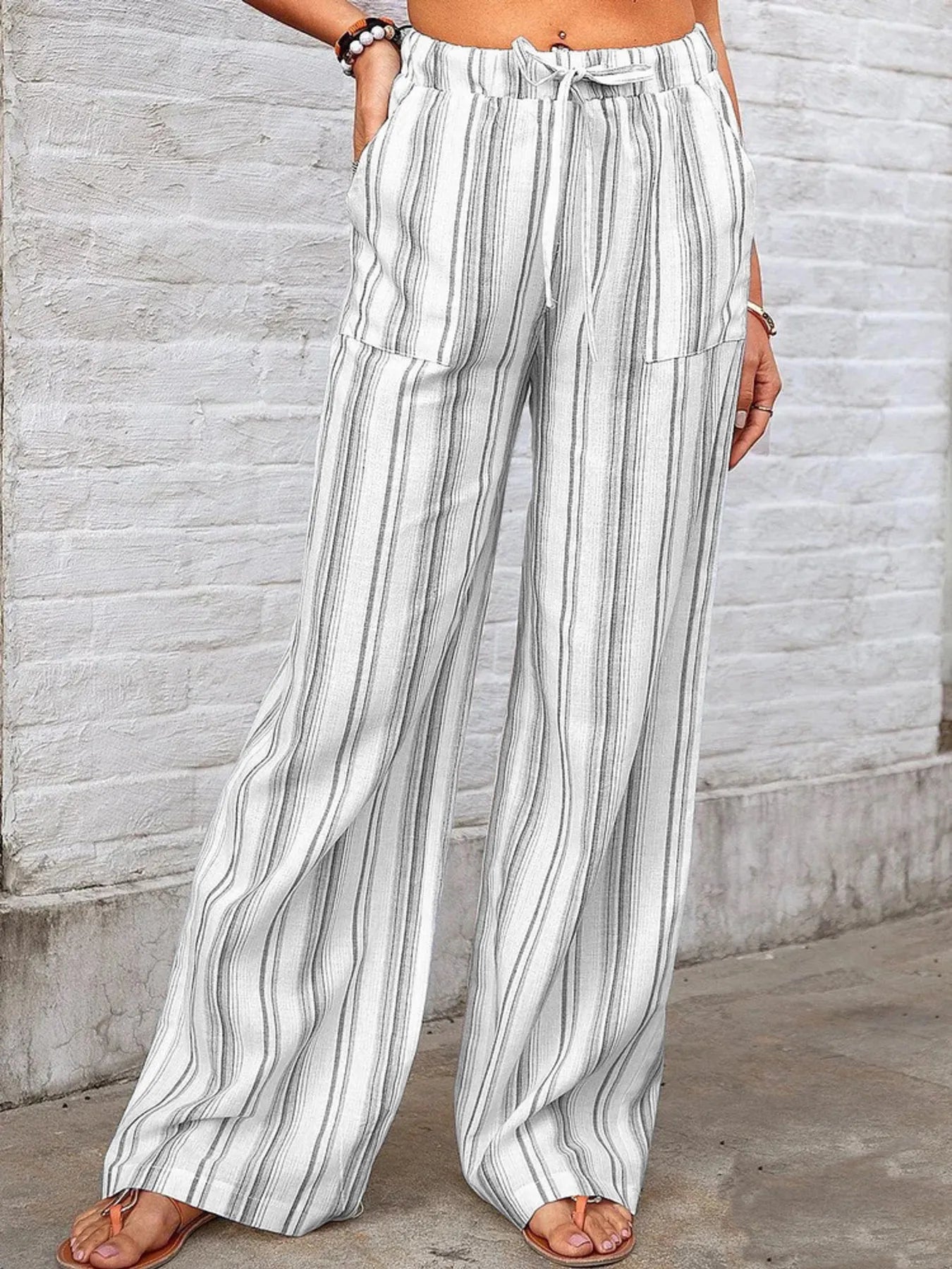Striped wide leg pants plus size with pockets.