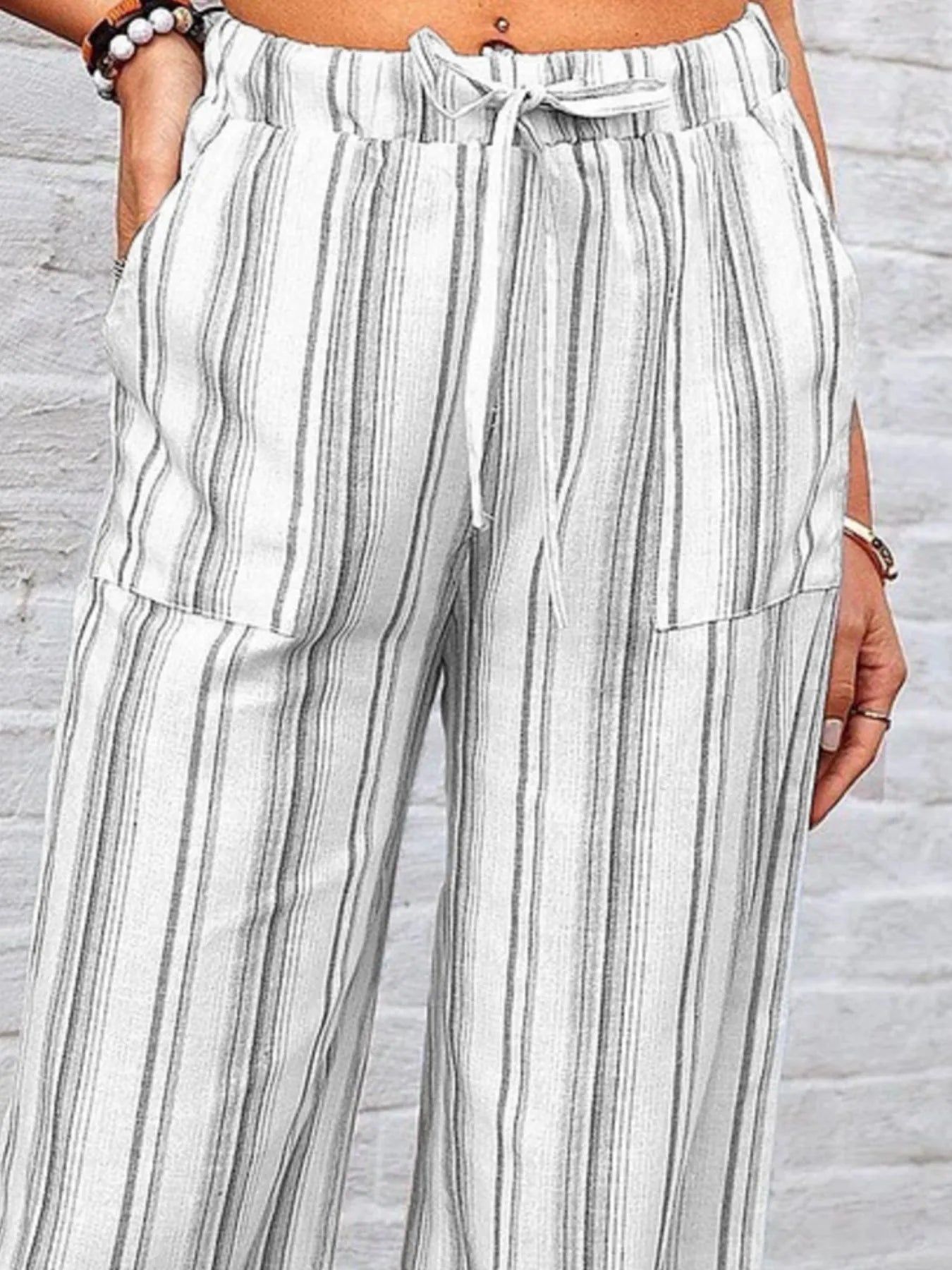Striped wide leg pants plus size with pockets.