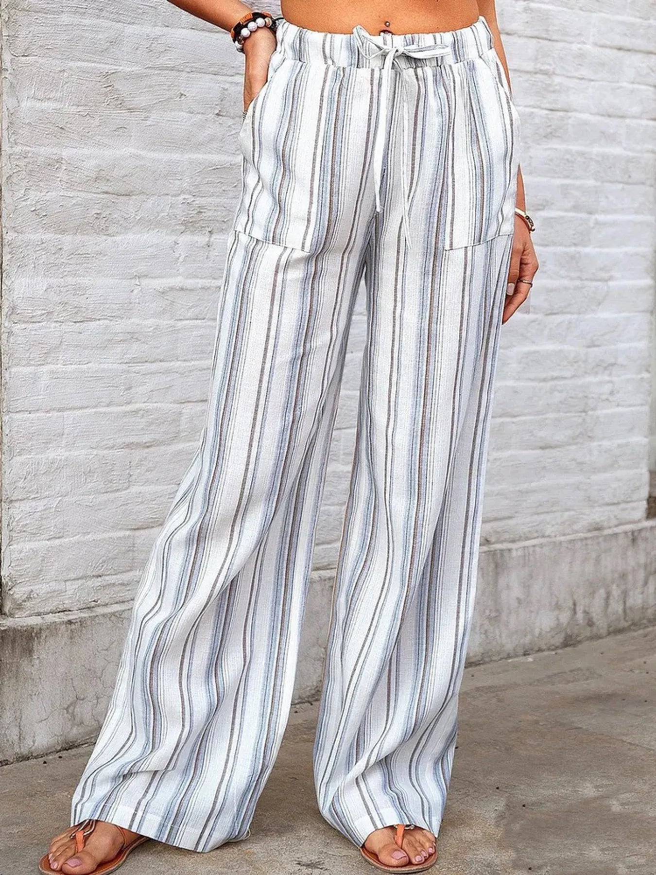 Striped wide leg pants plus size with pockets.