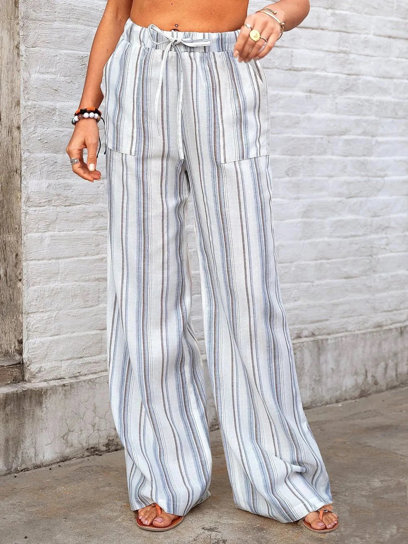 Striped wide leg pants plus size with pockets.