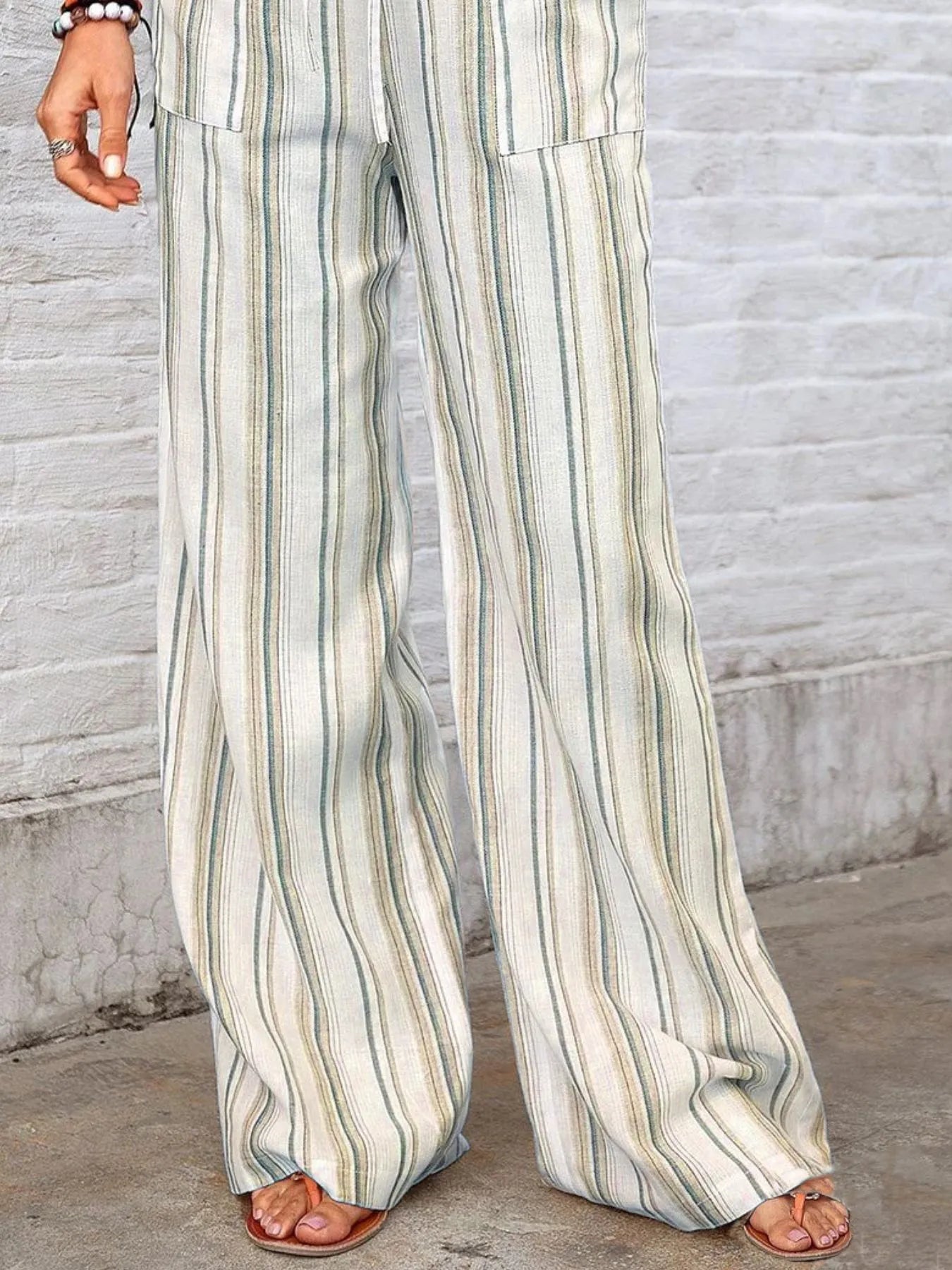 Striped wide leg pants plus size with pockets.