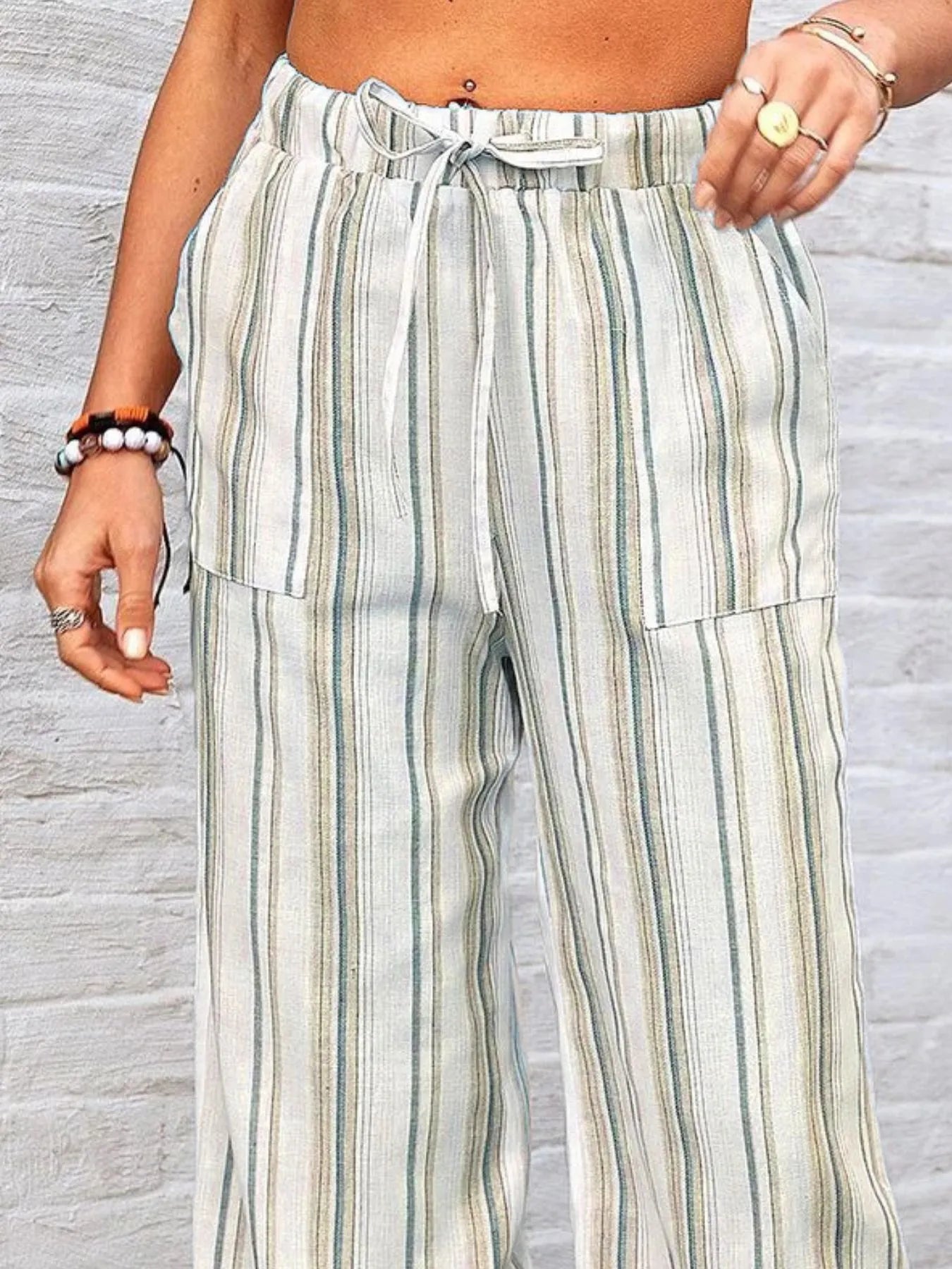 Striped wide leg pants plus size with pockets.