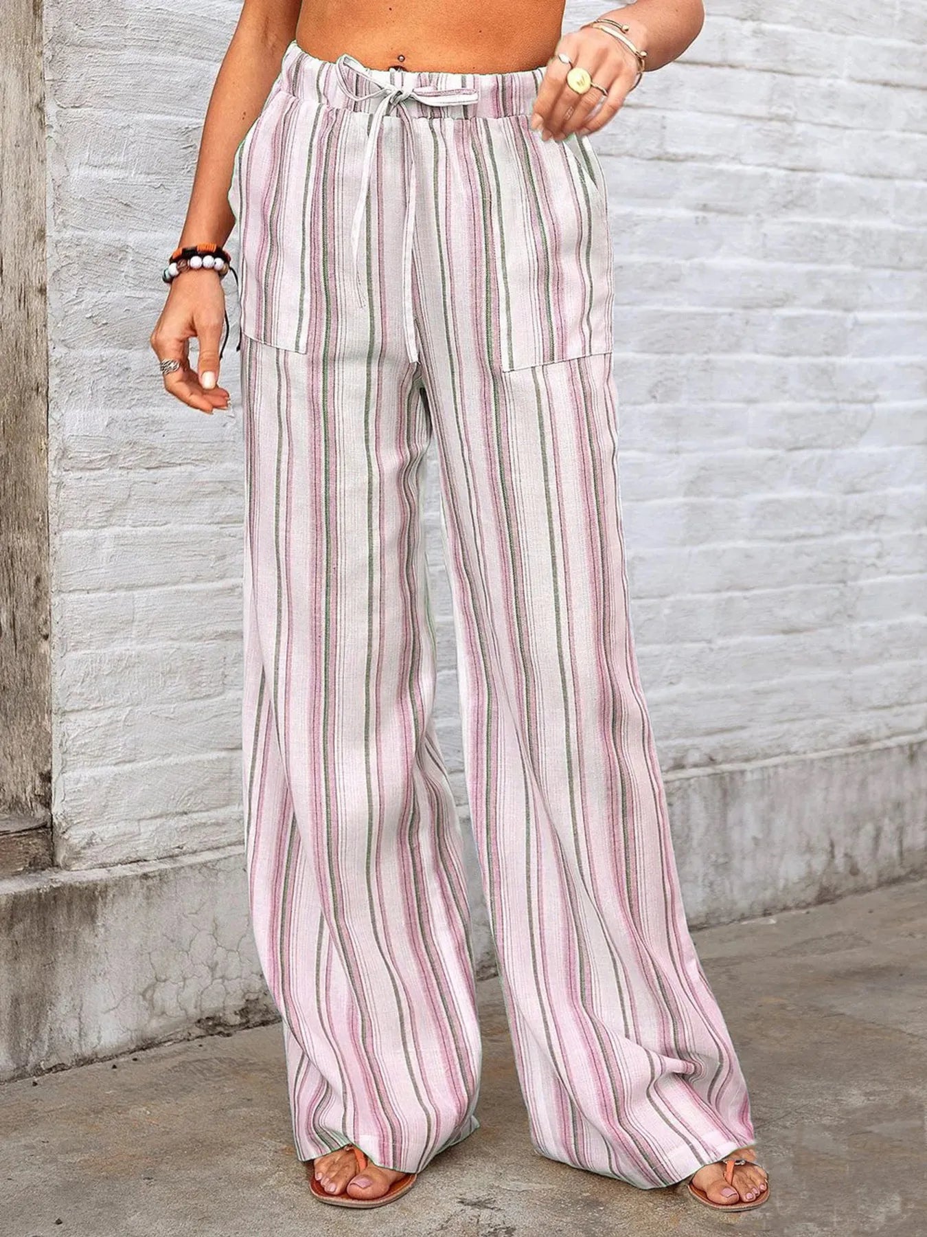 Striped wide leg pants plus size with pockets.