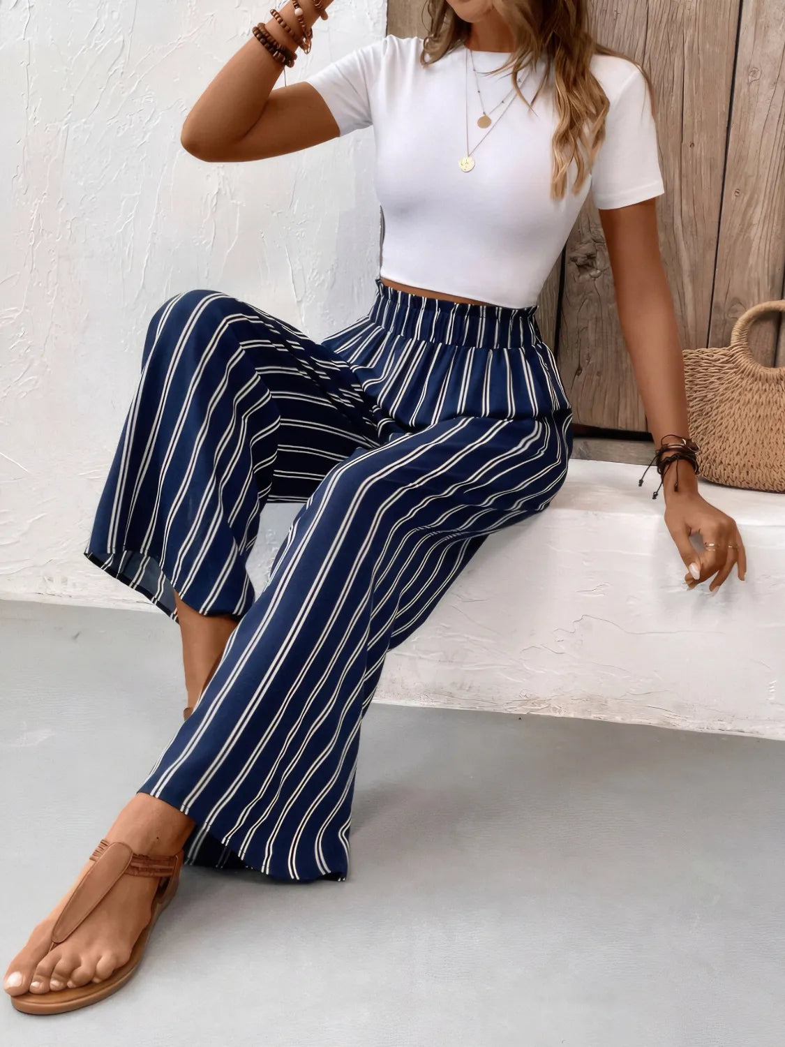 Striped wide leg pants with pockets.