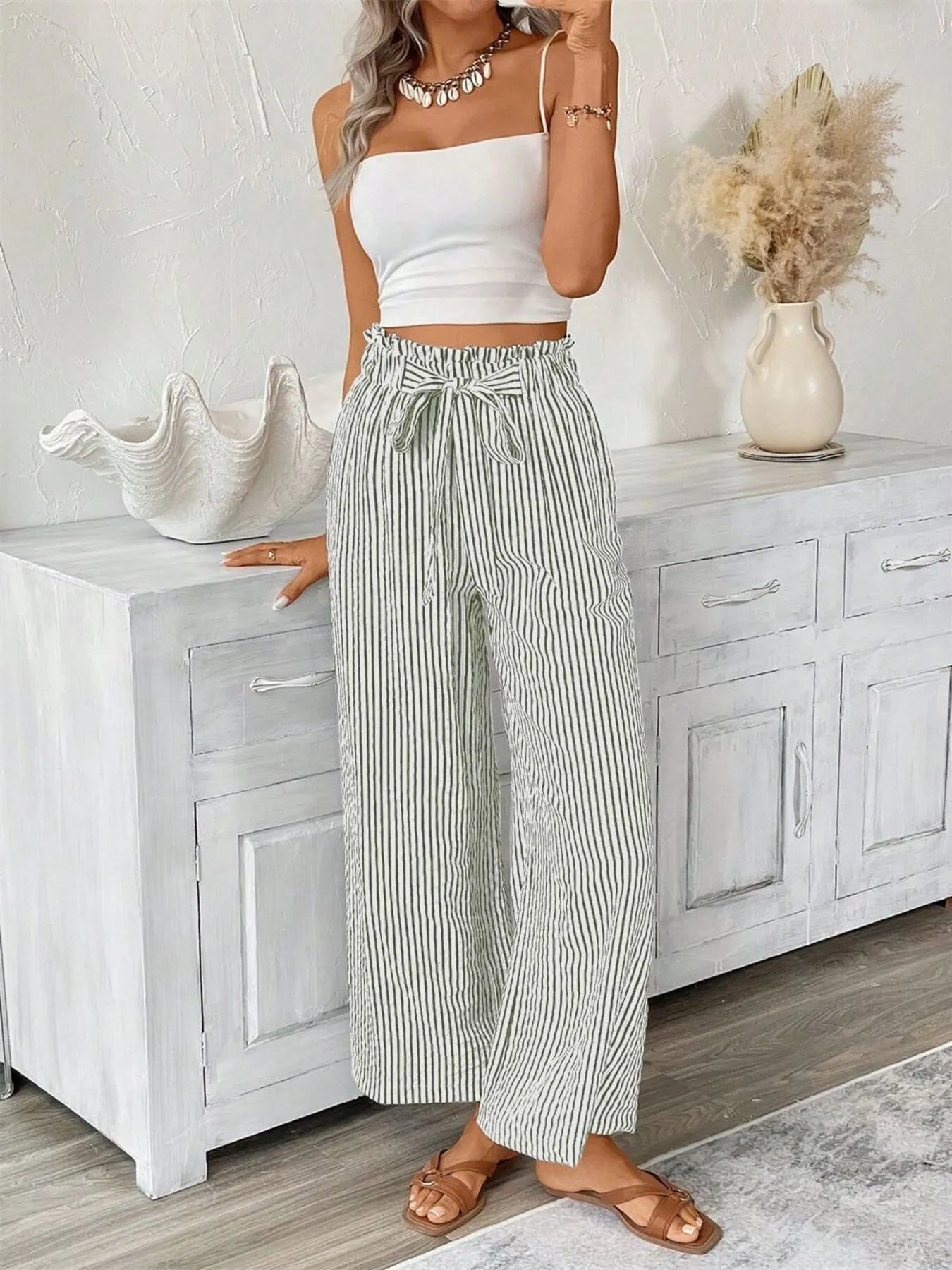 Striped wide leg paper bag pants plus size with tie and pockets.