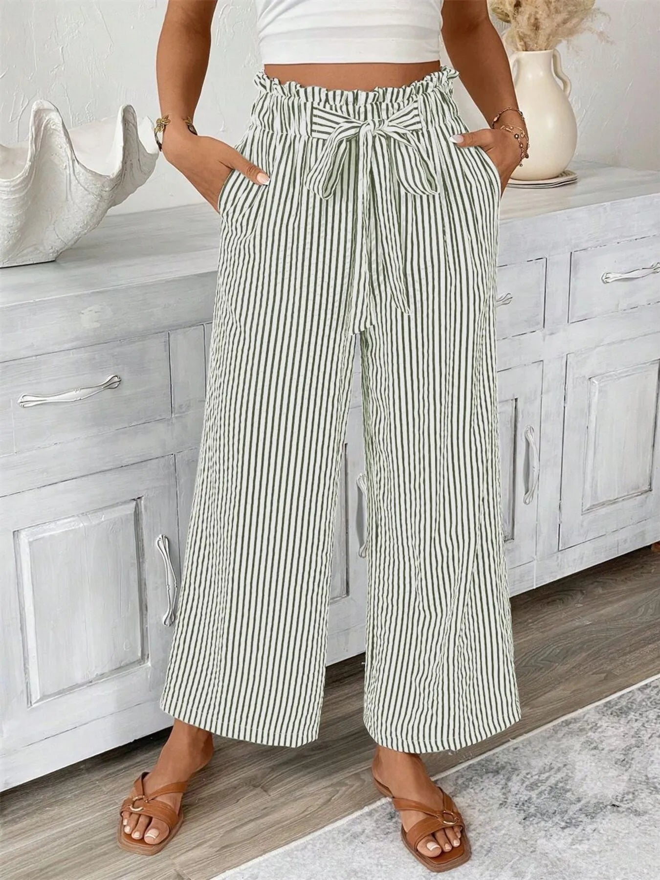 Striped wide leg paper bag pants plus size with tie and pockets.