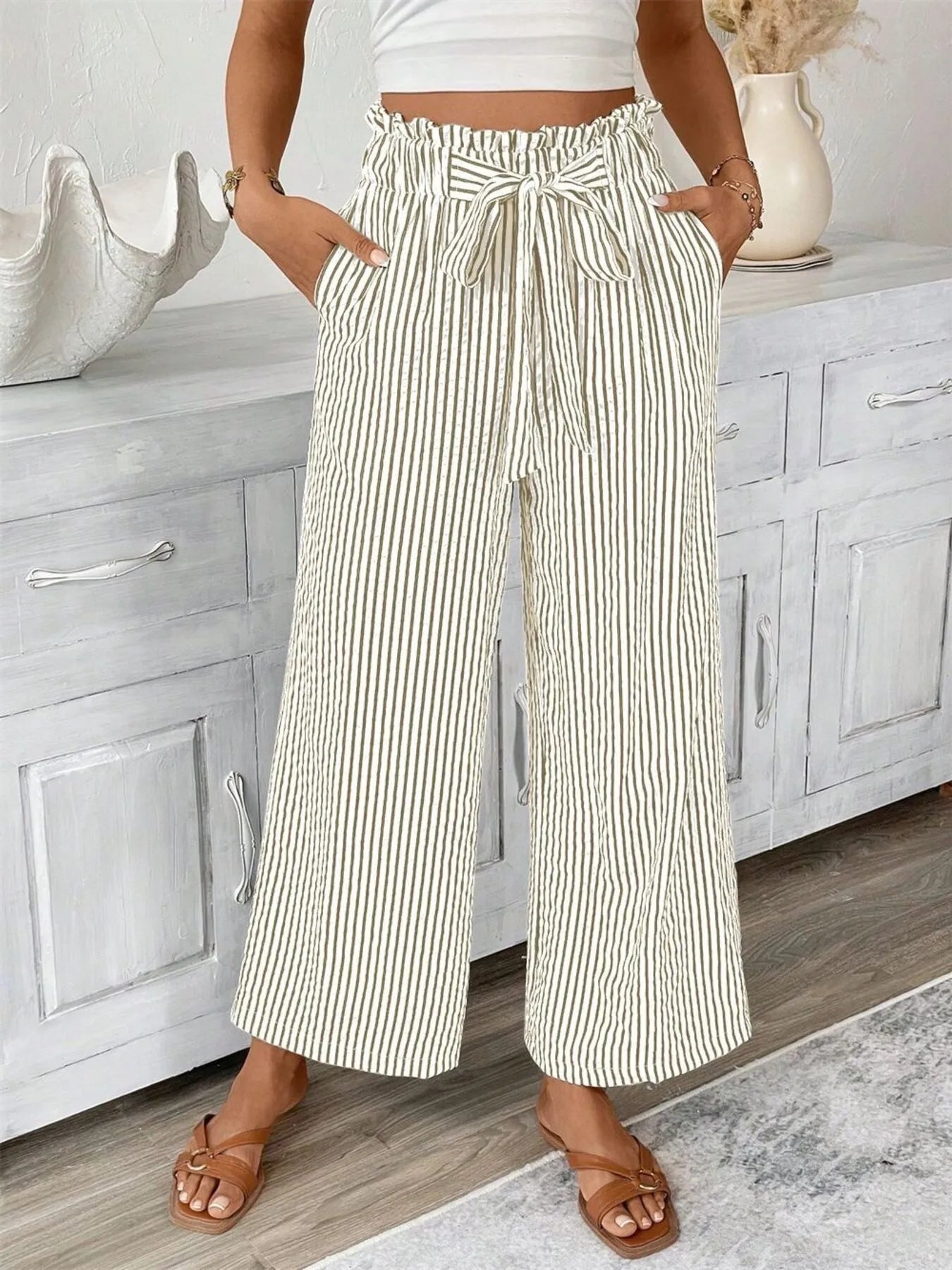 Striped wide leg paper bag pants plus size with tie and pockets.